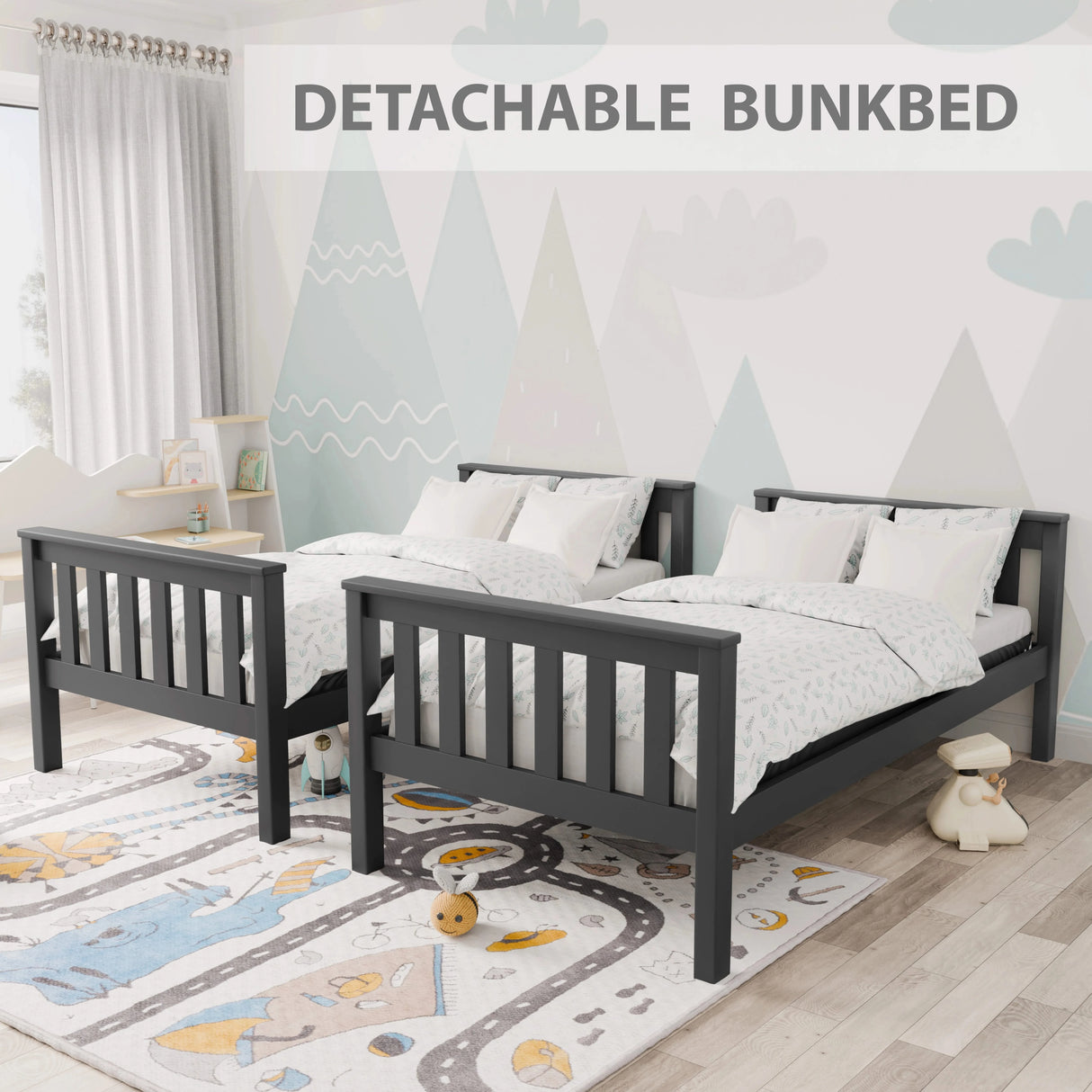 Dark Grey detachable double bunk bed for kids split into 2 single beds with white bedding in minimalist kids' room