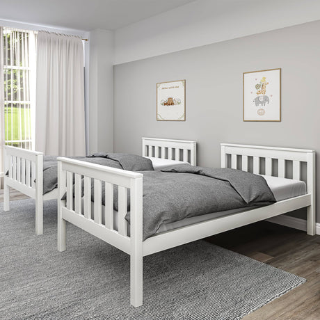 White detachable bunk beds shown split into 2 single beds with grey bedding, offering versatile sleeping options