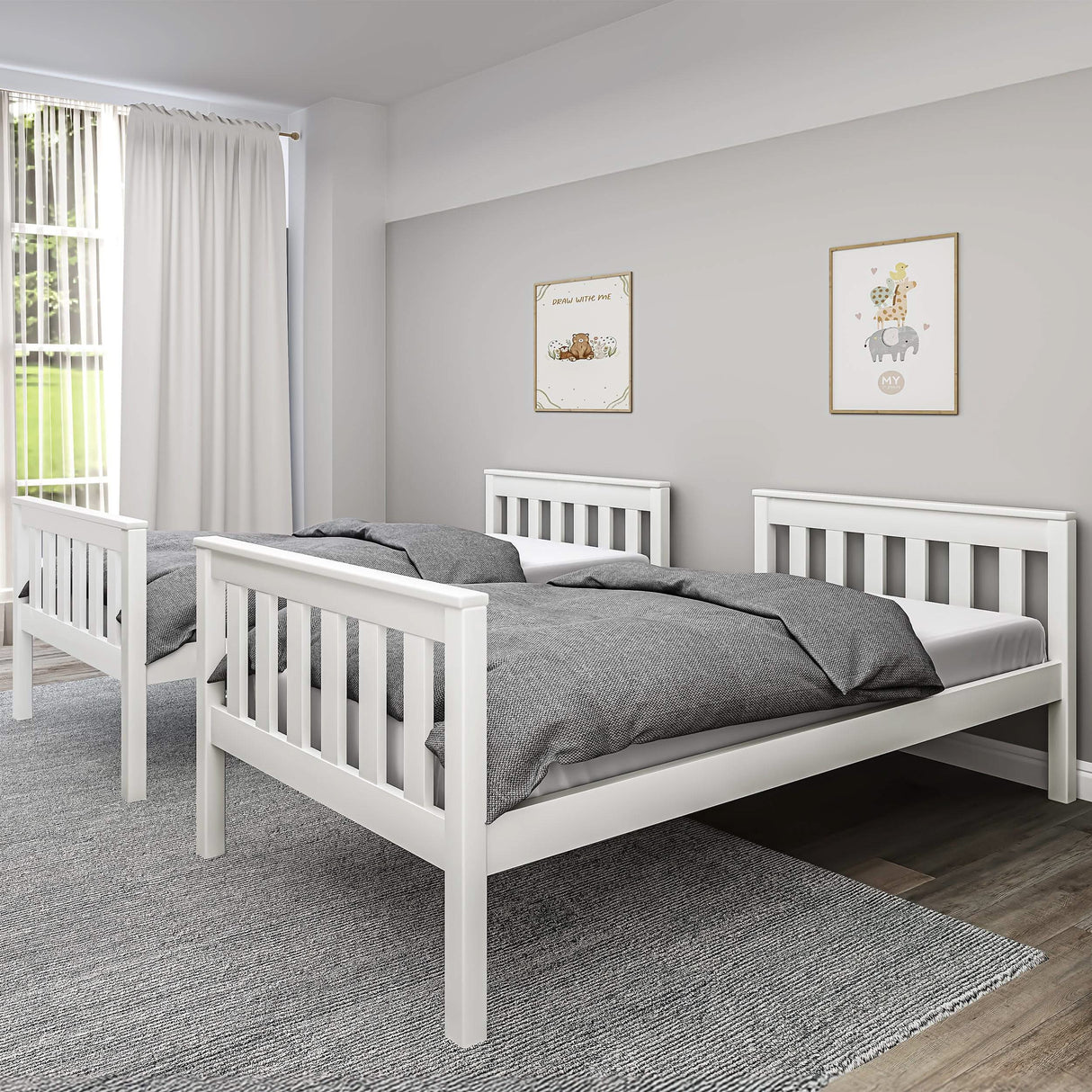 White detachable bunk beds shown split into 2 single beds with grey bedding, offering versatile sleeping options
