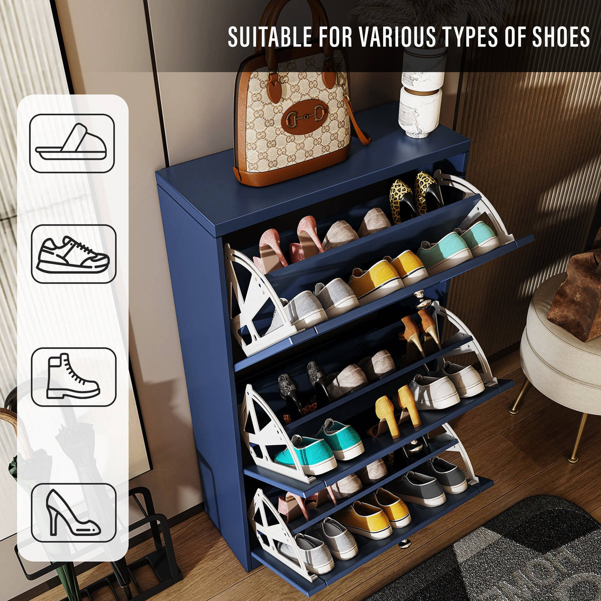 Navy Shoe Cabinet With Doors open to show storage for various shoe types, ideal for entryway organization.
