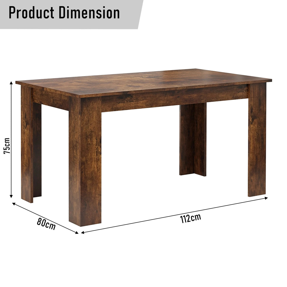 Compact rustic dining table measuring 112cm x 80cm x 75cm, suitable for 4-seater dining setups in small spaces.