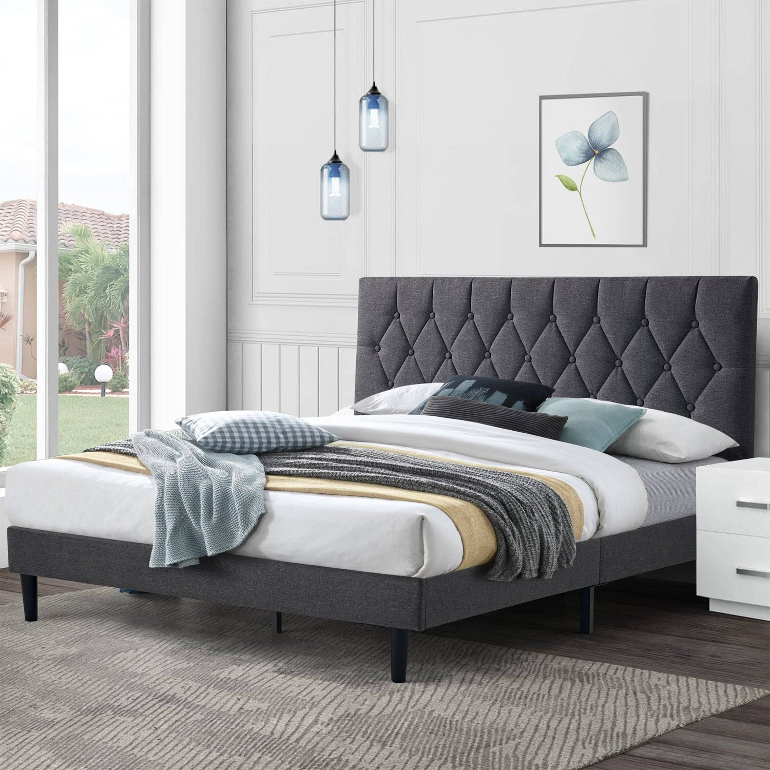 Chesterfield Bed Frame - Luxurious Grey Linen Upholstery, Adjustable Headboard