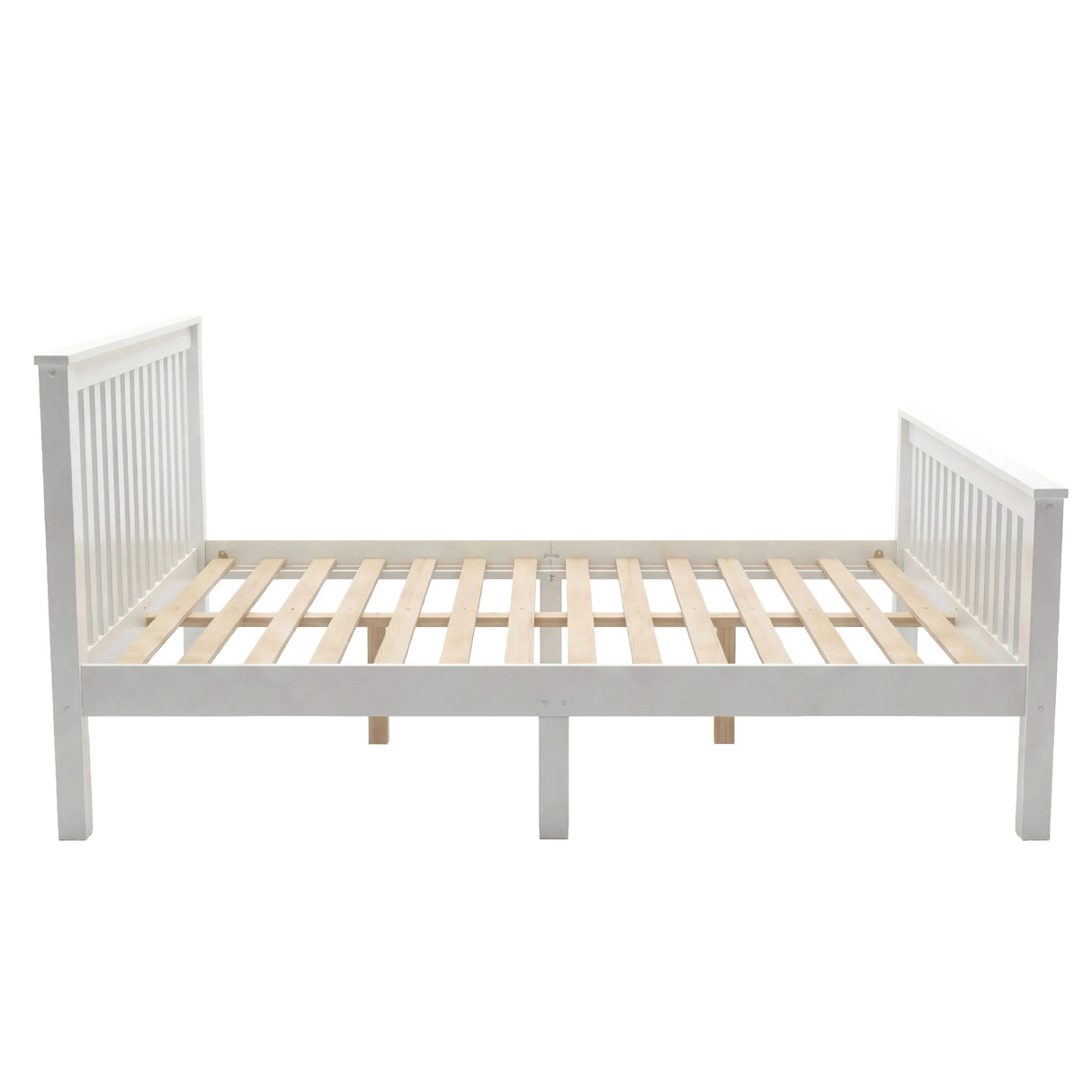 Double bed frame constructed from solid pine wood with a visible slatted base and central support legs