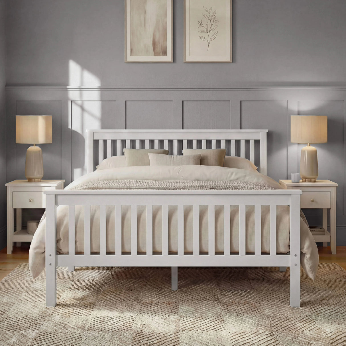 White wooden double bed frame with slatted rails, soft bedding, and matching bedside furniture in a balanced bedroom layout