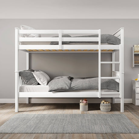Front view of white detachable kids' bunk bed with grey bedding, showcasing sturdy wooden frame and vertical ladder access.
