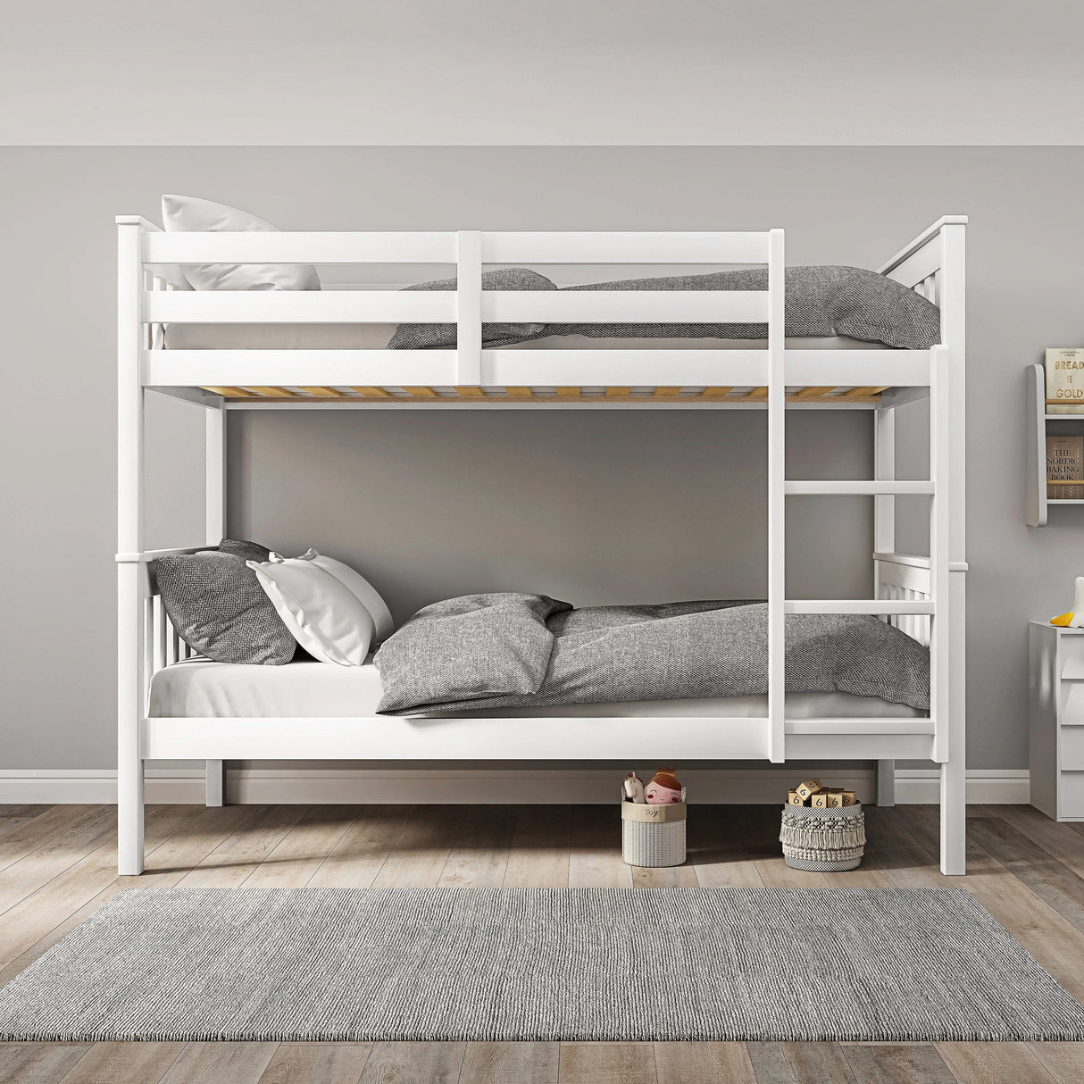 Front view of white detachable kids' bunk bed with grey bedding, showcasing sturdy wooden frame and vertical ladder access.
