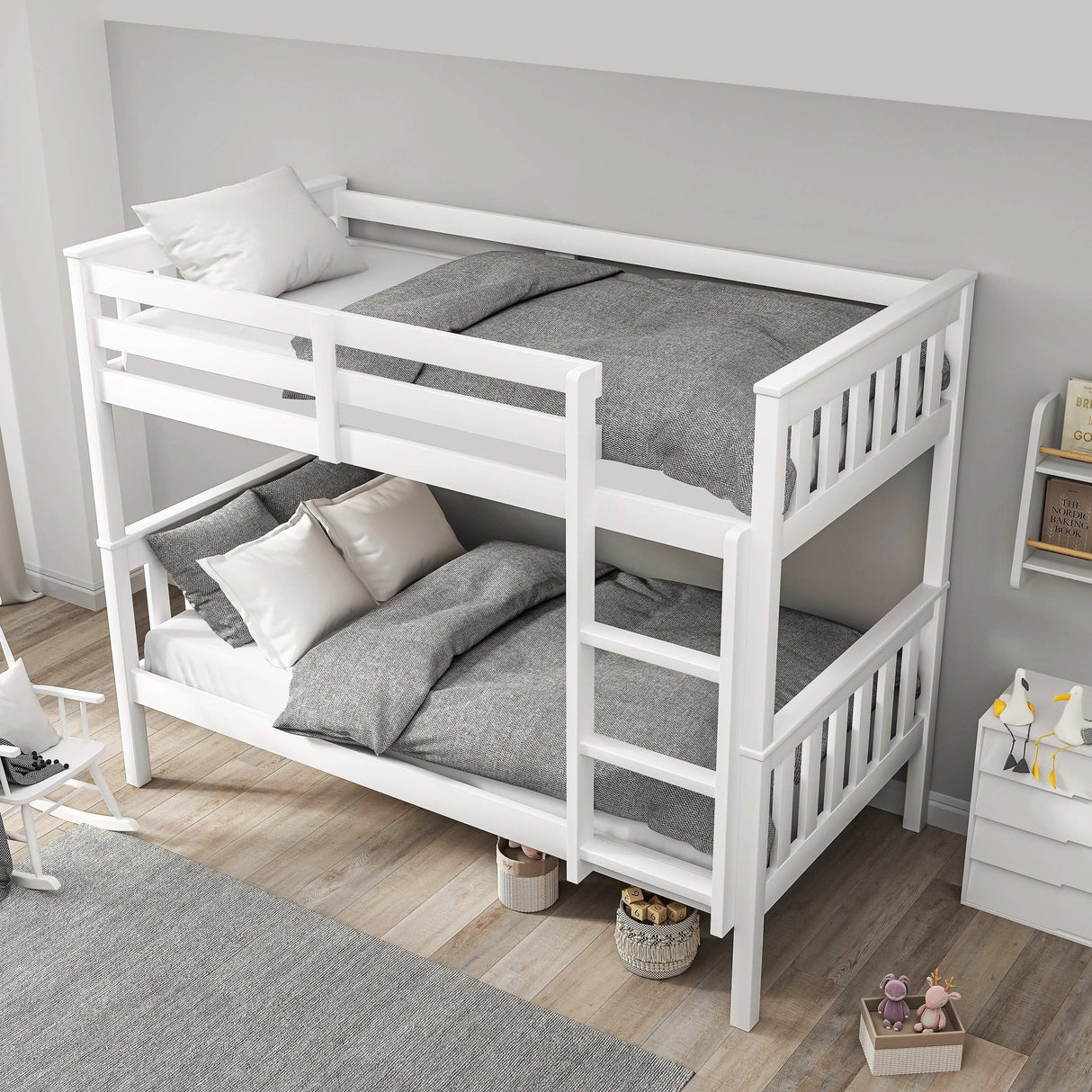 high-angle view of white double bunk bed for kids with grey bedding, highlighting safety guardrails and compact layout