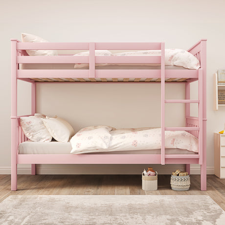 Front view of pink double bunk bed for kids with cream bedding, showcasing sturdy frame and safety guardrails.