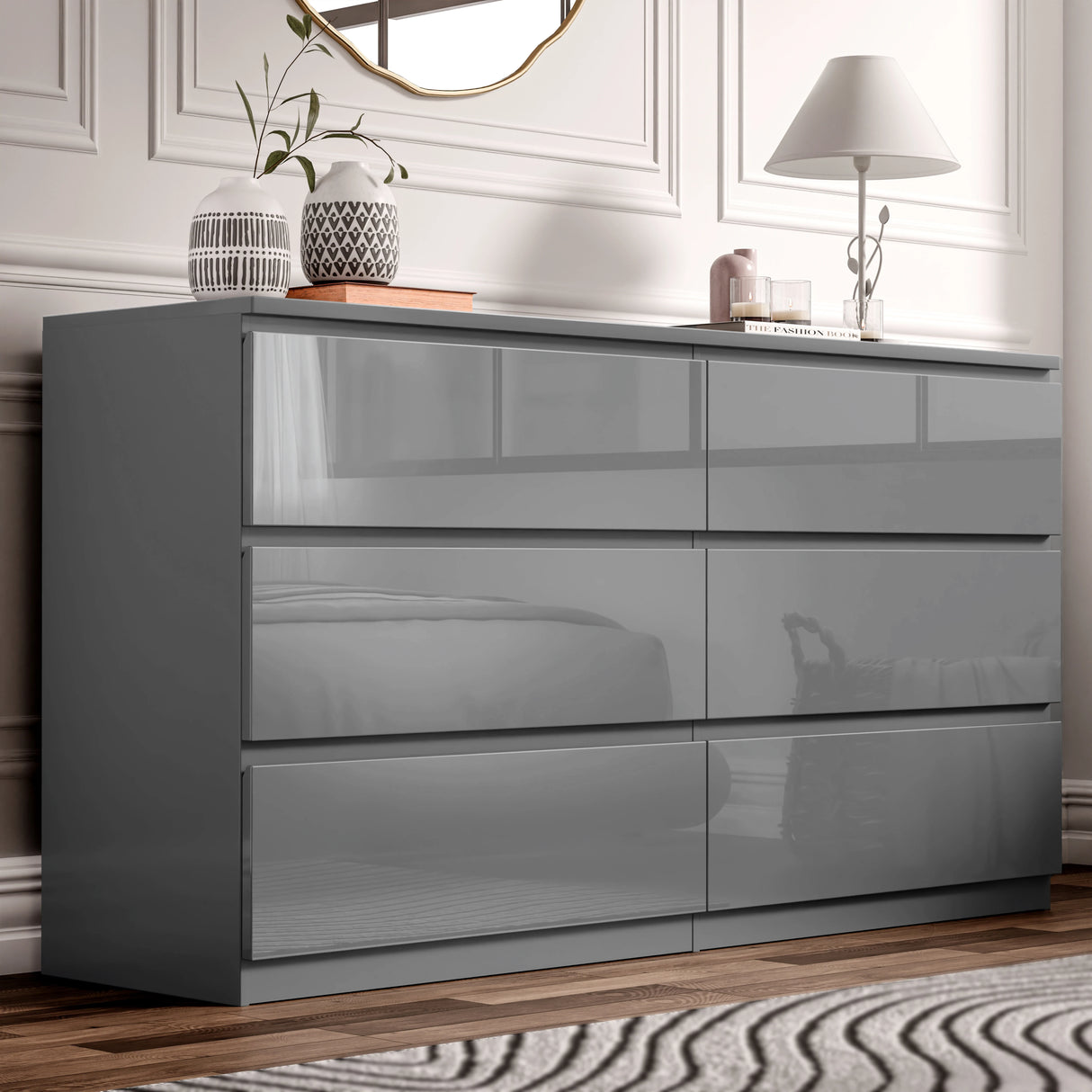 High Gloss Large 6 Drawer Chest of Drawers in sleek grey finish, ideal bedroom dresser for modern storage and stylish interior organization.