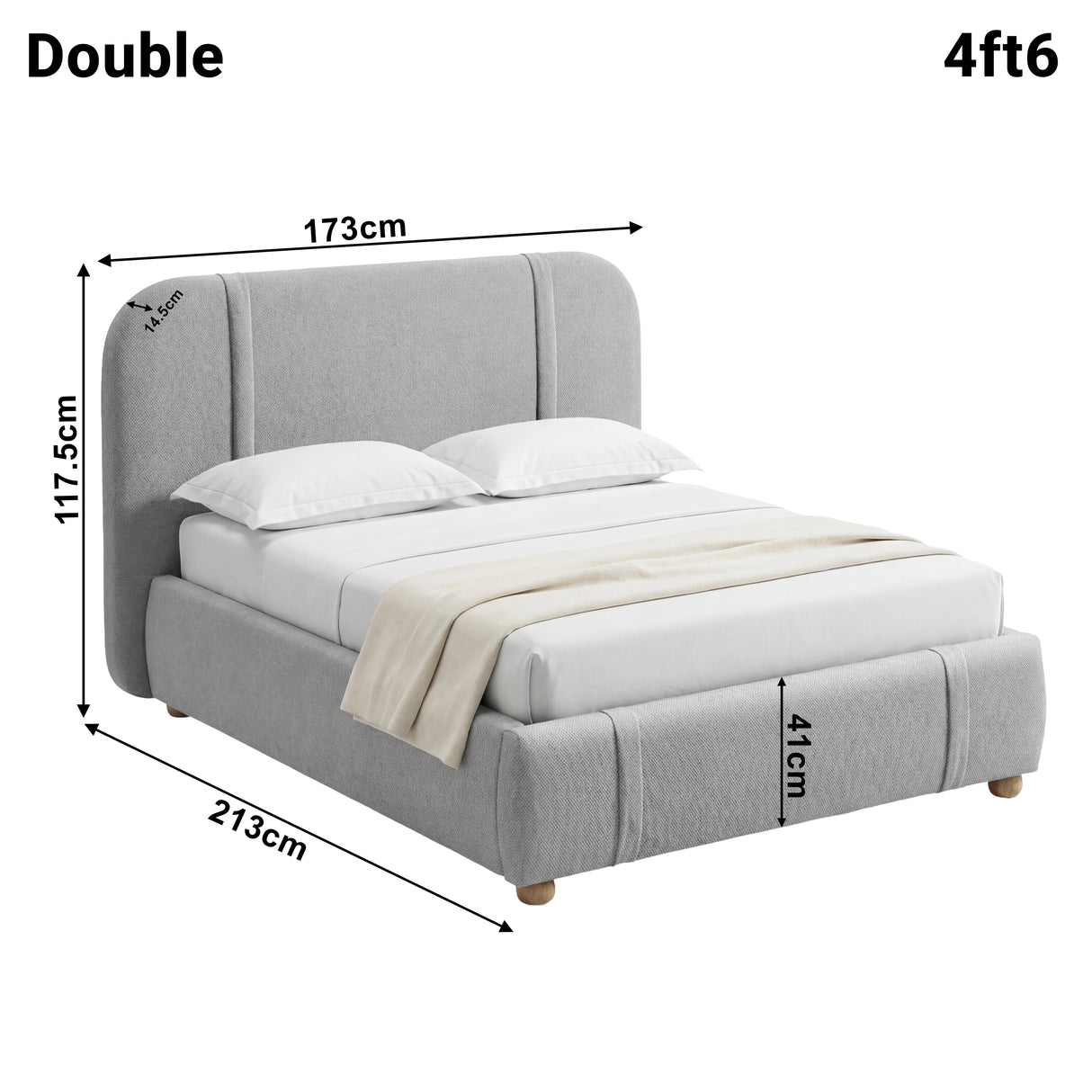 Dimensions diagram of a grey double bed with labelled measurements: height 117.5cm, width 173 cm, and length 213 cm