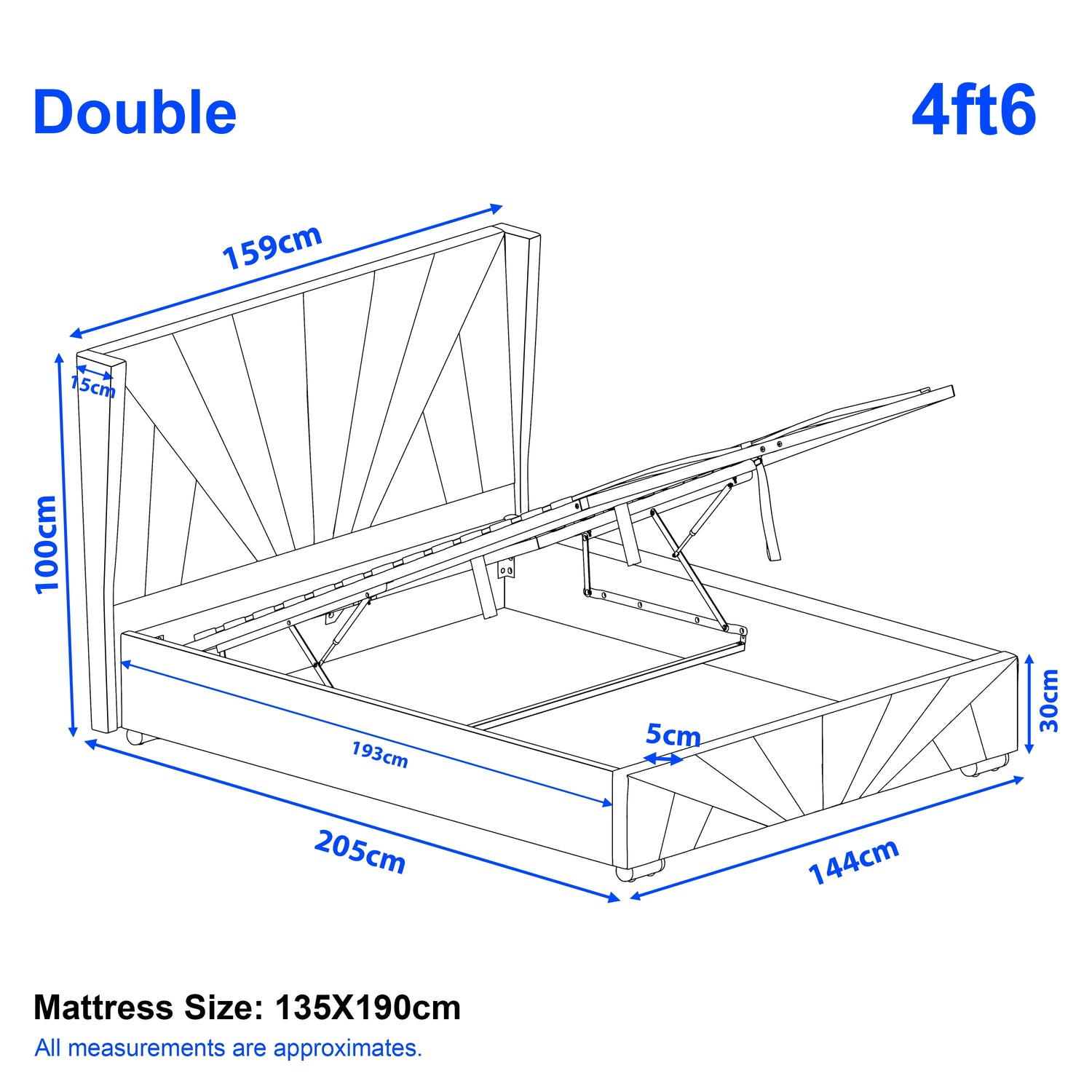 Diagram of a double bed with dimensions labeled