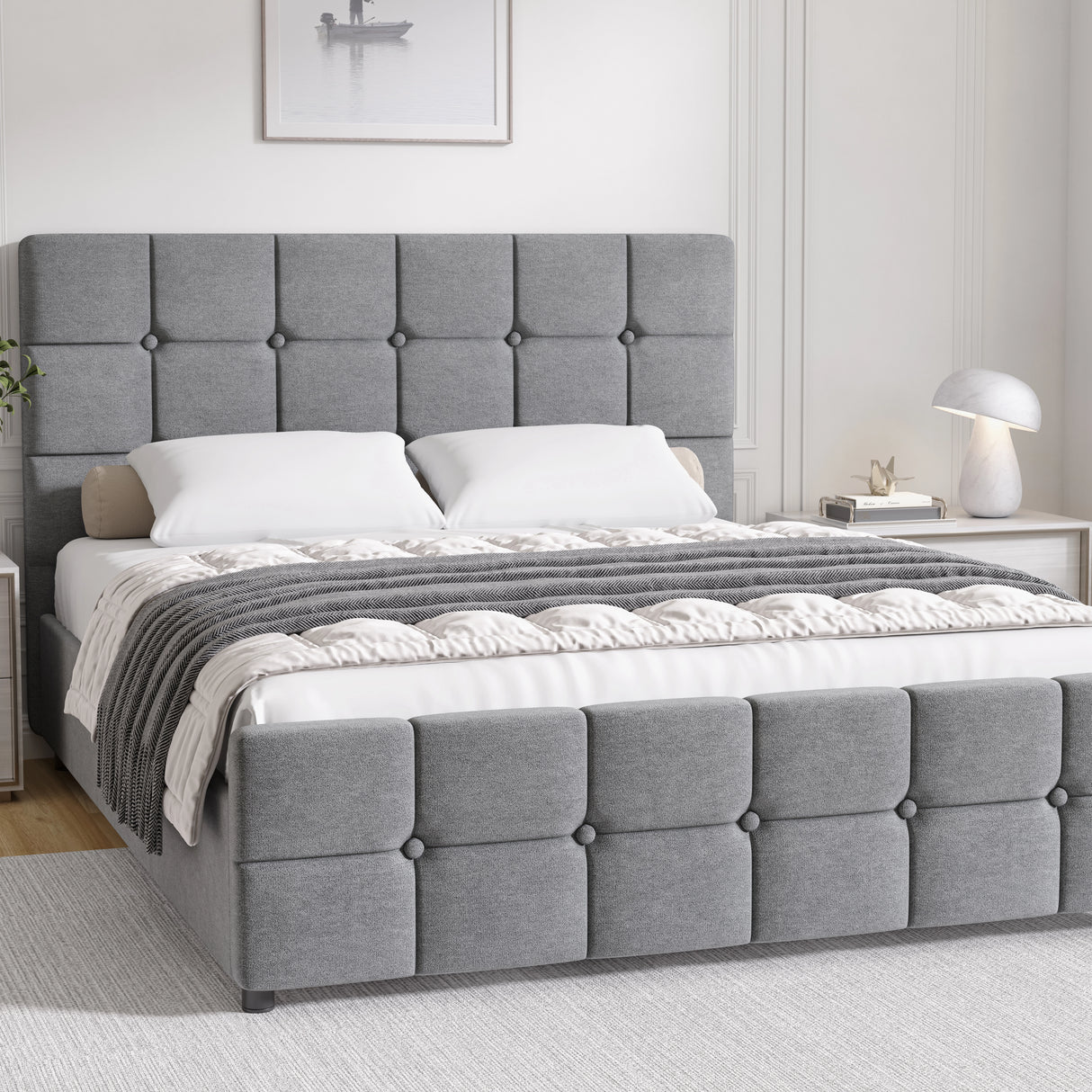 Square Ottoman Storage Bed in grey velvet with tufted headboard and footboard. Velvet Ottoman Bed Frame by DHS, ideal for modern bedroom storage.