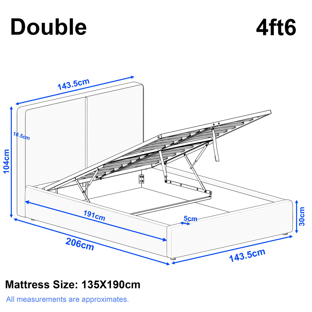 Double ottoman bed size showing: Length 206 cm, width 97.5 cm, headboard height 104 cm