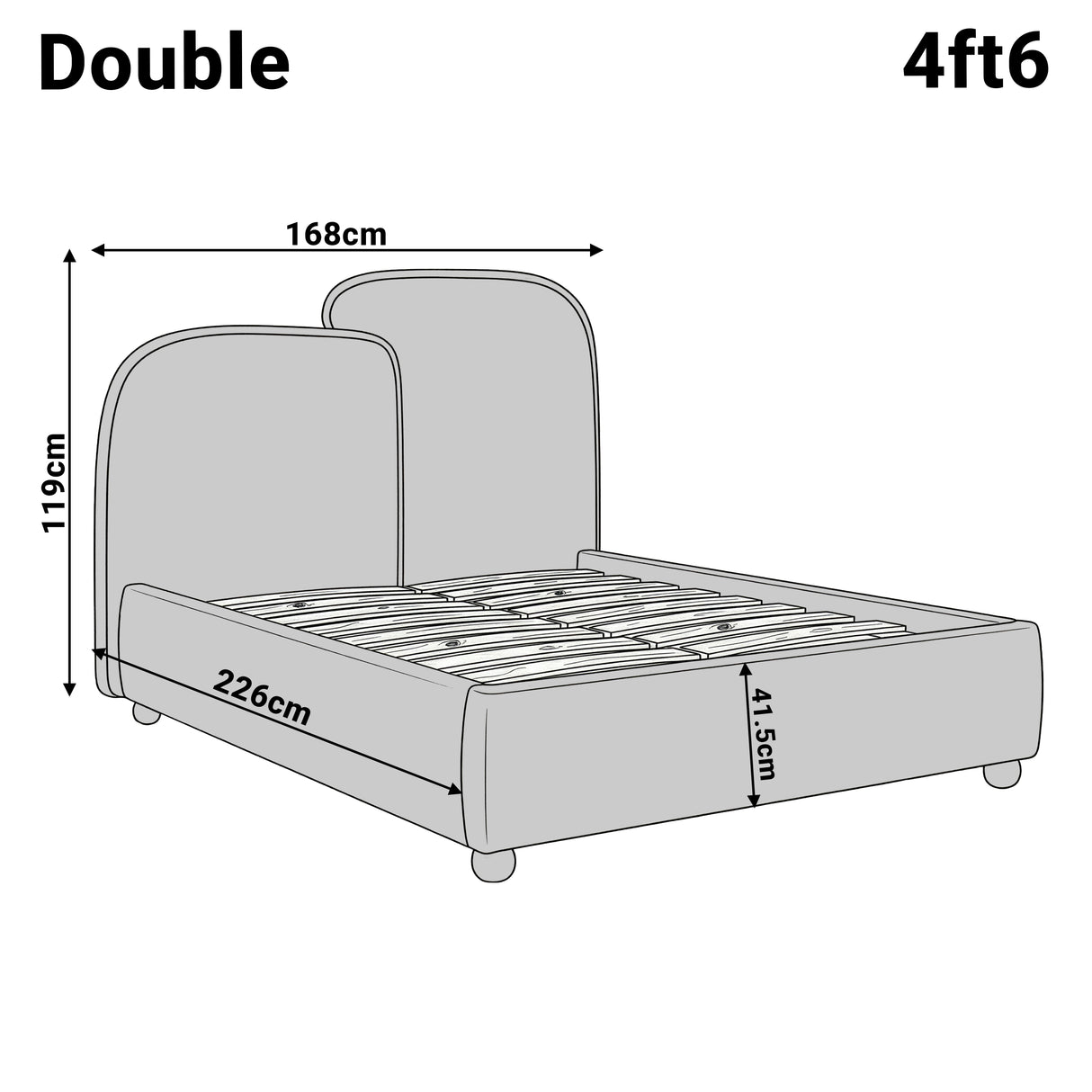 Dimension diagram of a double bed frame measuring 226 cm in length, 168 cm in width, and 119 cm in overall height