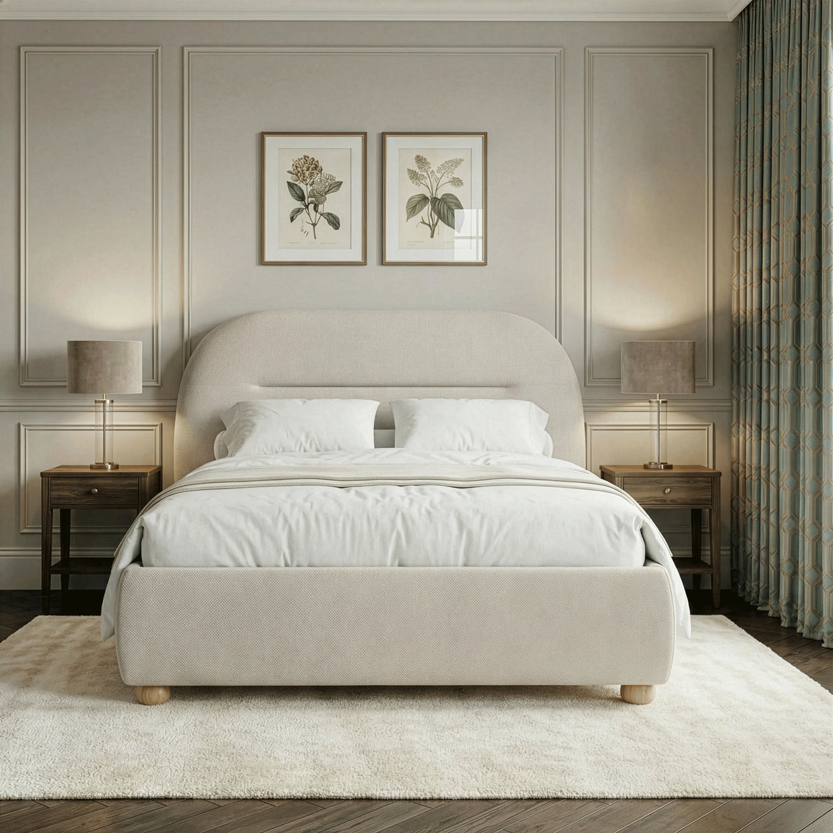 Front view of beige upholstered double bed frame with a soft headboard and clean design