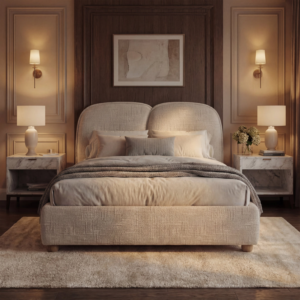 Beige upholstered double bed frame with padded headboard and soft bedding in a cozy, well-lit bedroom setting