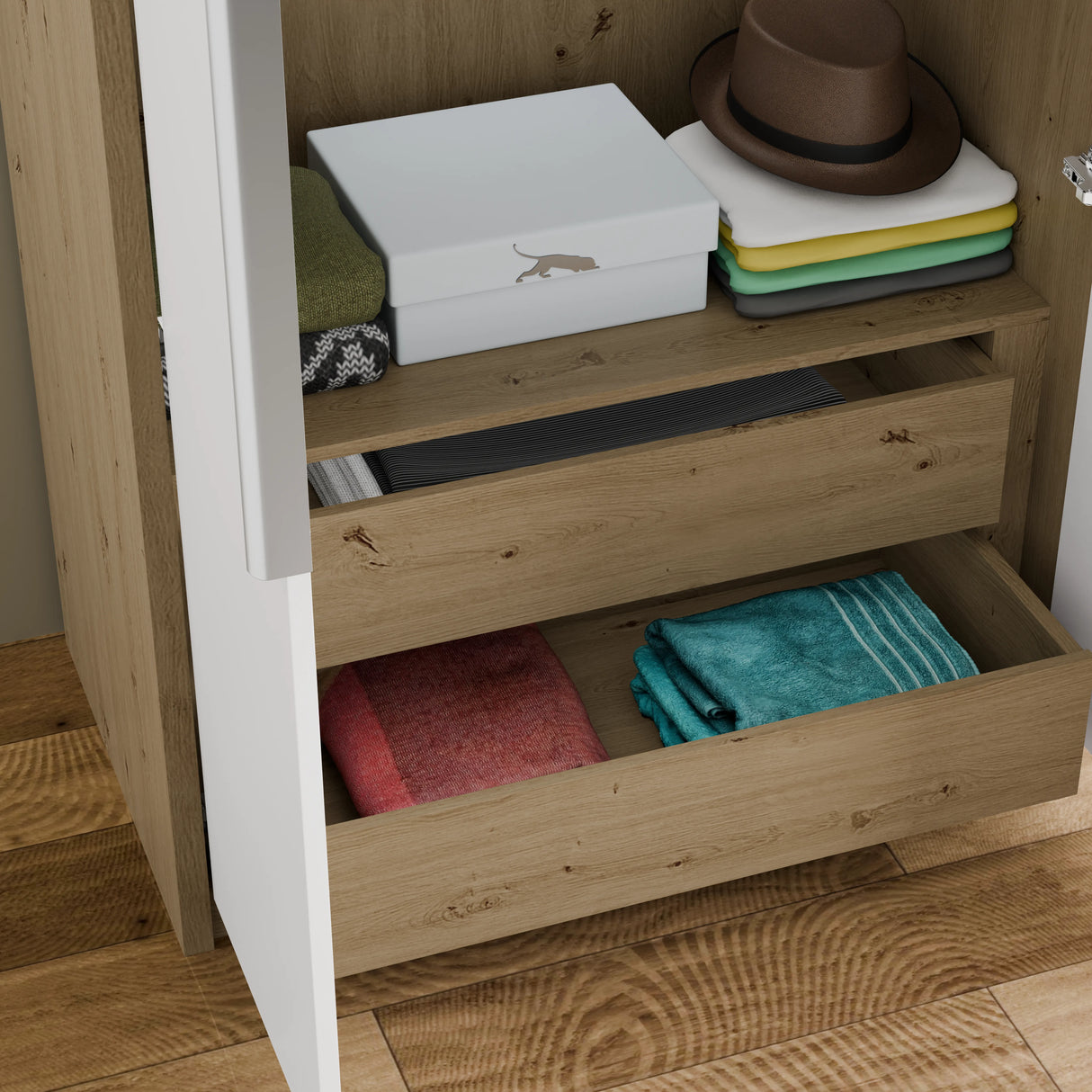 Wooden shelf with open drawer containing towels, closed white box, and a hat.