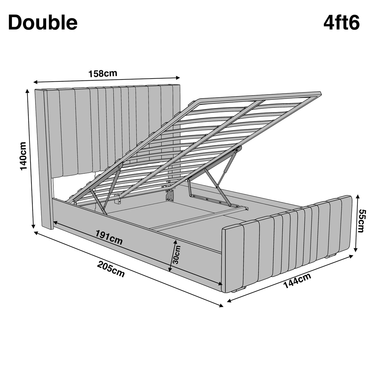 Winged Ottoman Bed Frame with Lines in double size 4ft6, featuring vertical panel headboard and lift-up storage base with gas lift mechanism.