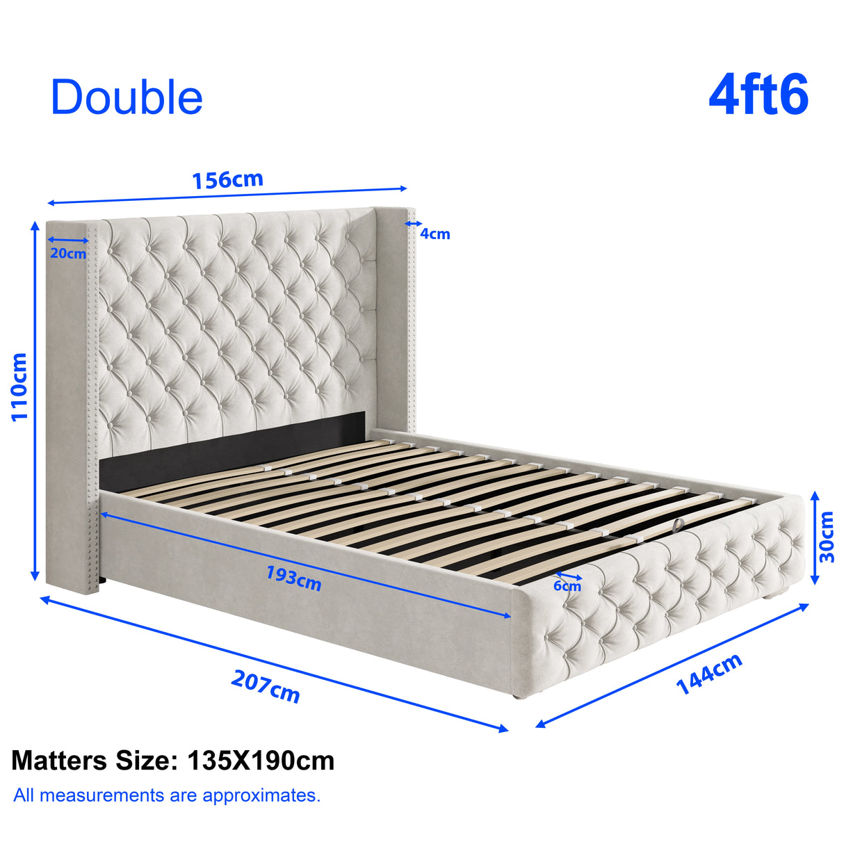 Cross Pattern Velvet Ottoman Storage Bed in beige with winged headboard, double size 4ft6, featuring lift-up slatted base and upholstery.