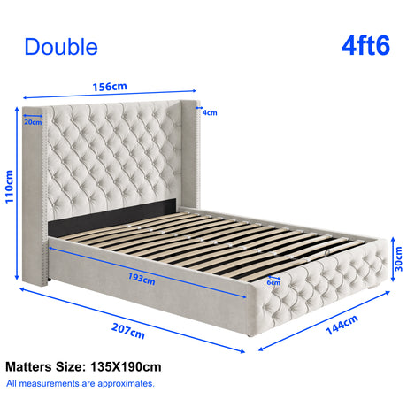 Cross Pattern Velvet Ottoman Storage Bed in beige with winged headboard, double size 4ft6, featuring lift-up slatted base and upholstery.