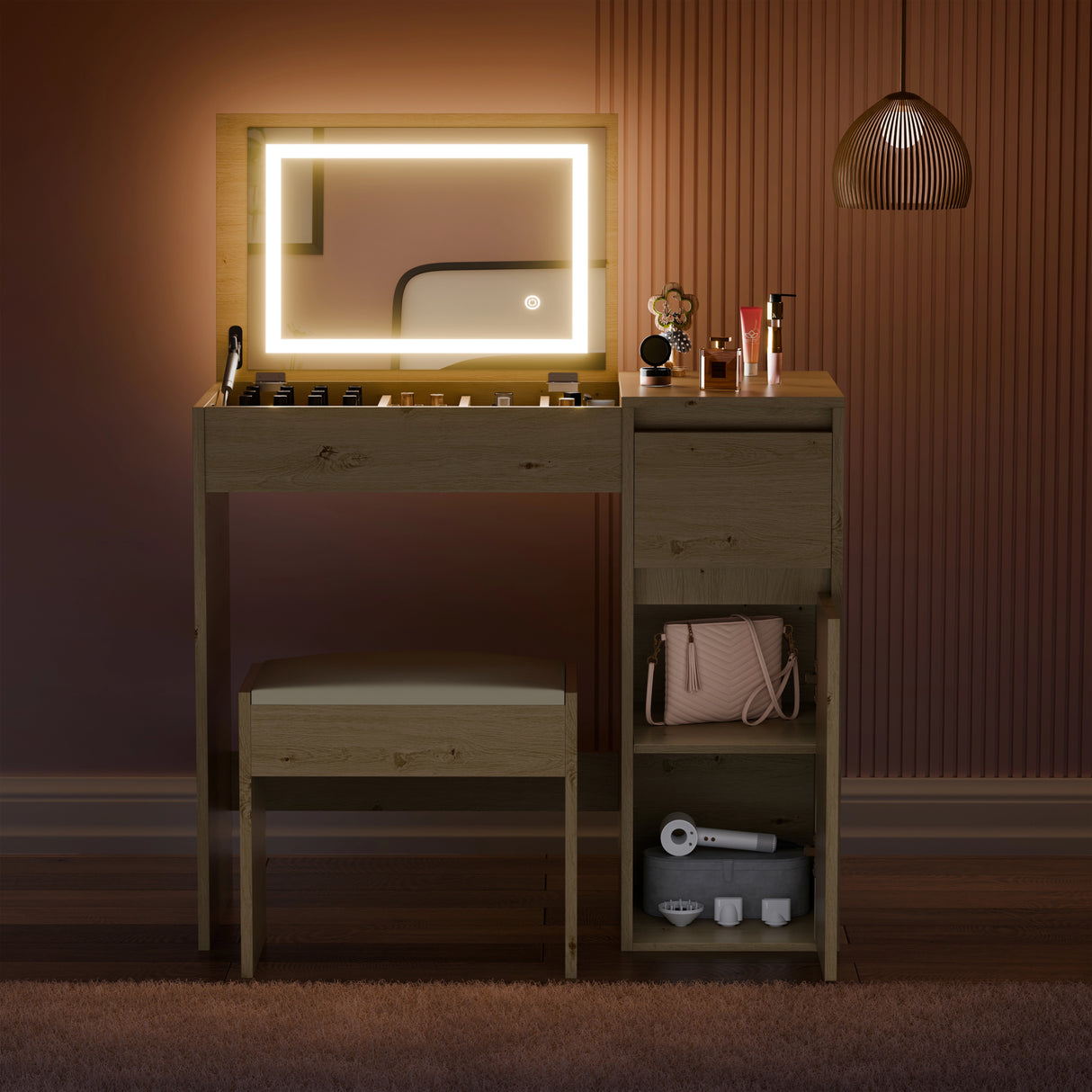 Wooden vanity with illuminated mirror, chair, and various items in a dimly lit room.