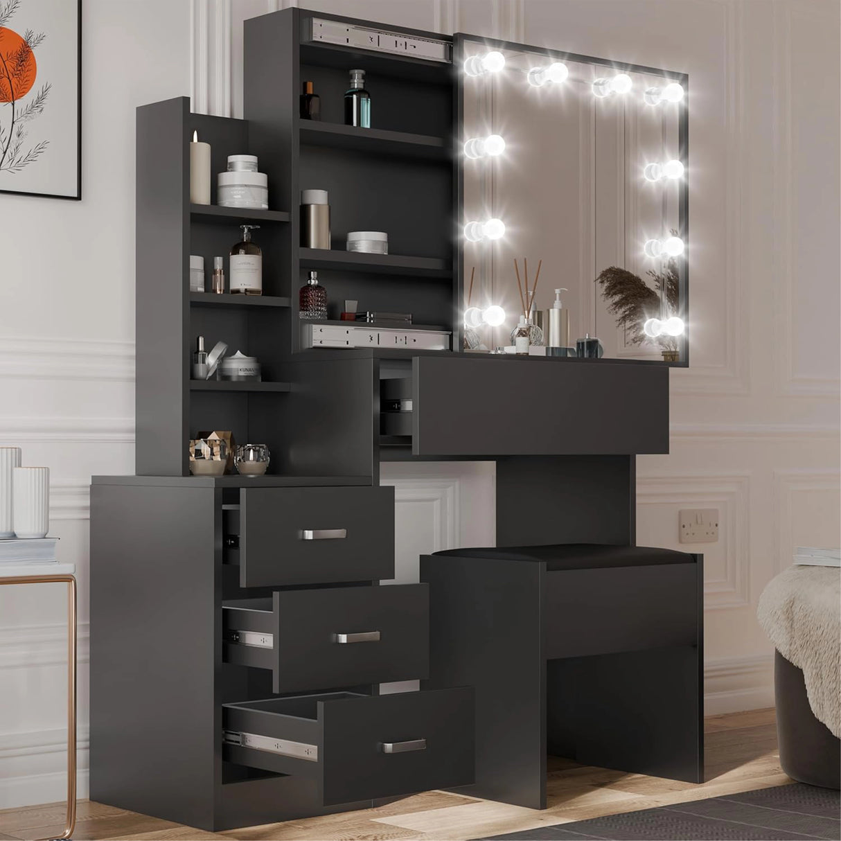 Modern black vanity unit with mirror and LED lights placed in a modern bedroom interior