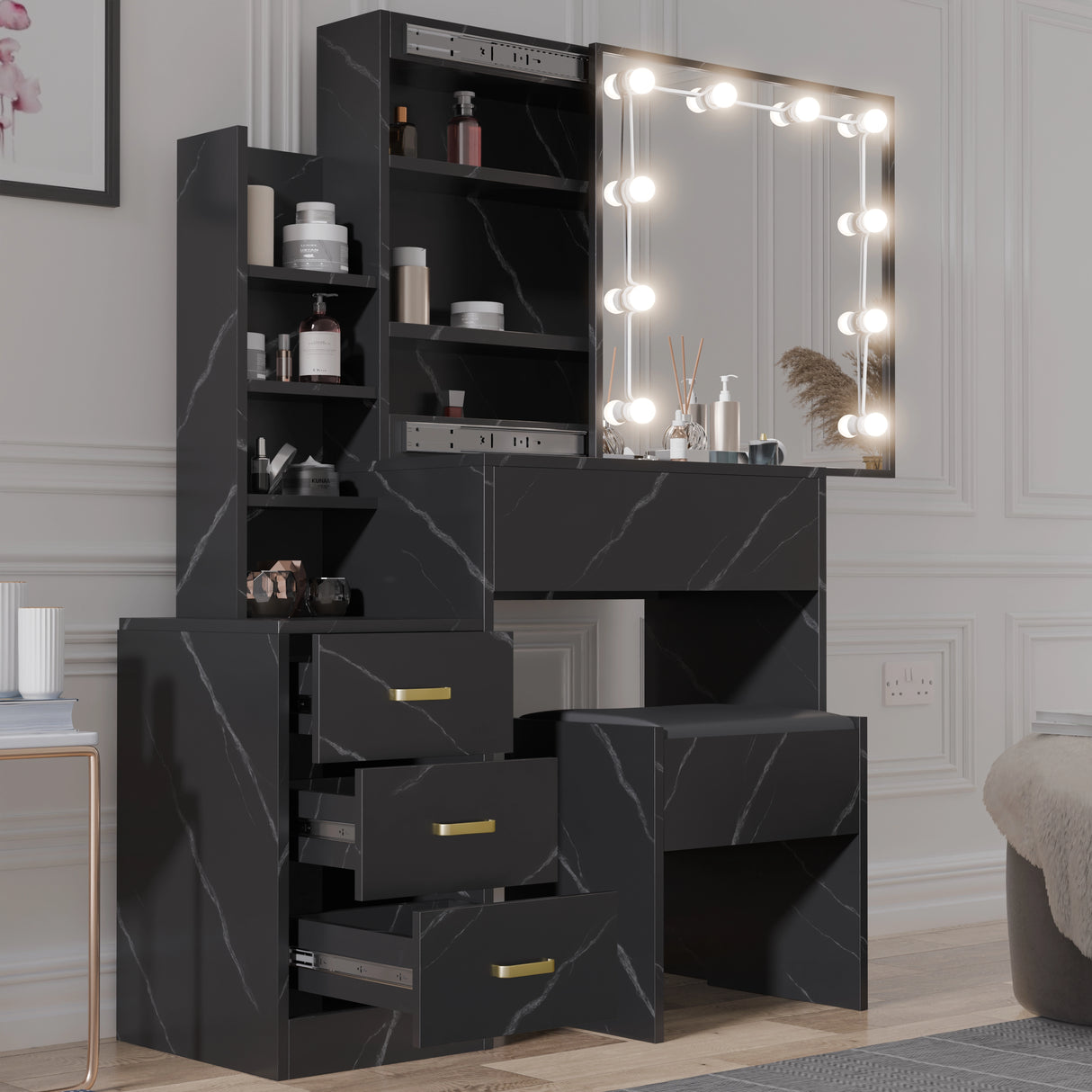 Black marble vanity with mirror and shelves in a room setting
