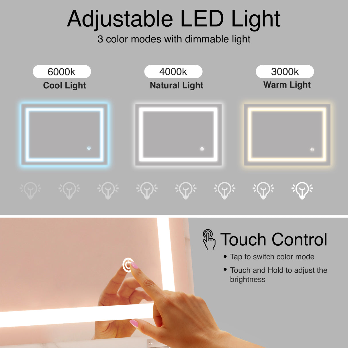 Adjustable LED light with color modes and touch control on a gray background