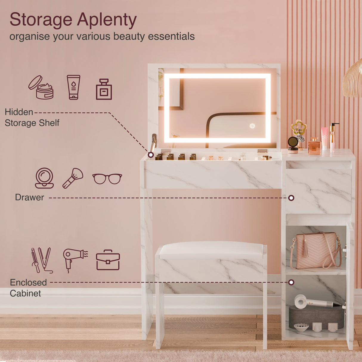Makeup vanity with storage compartments and illuminated mirror on a pink background
