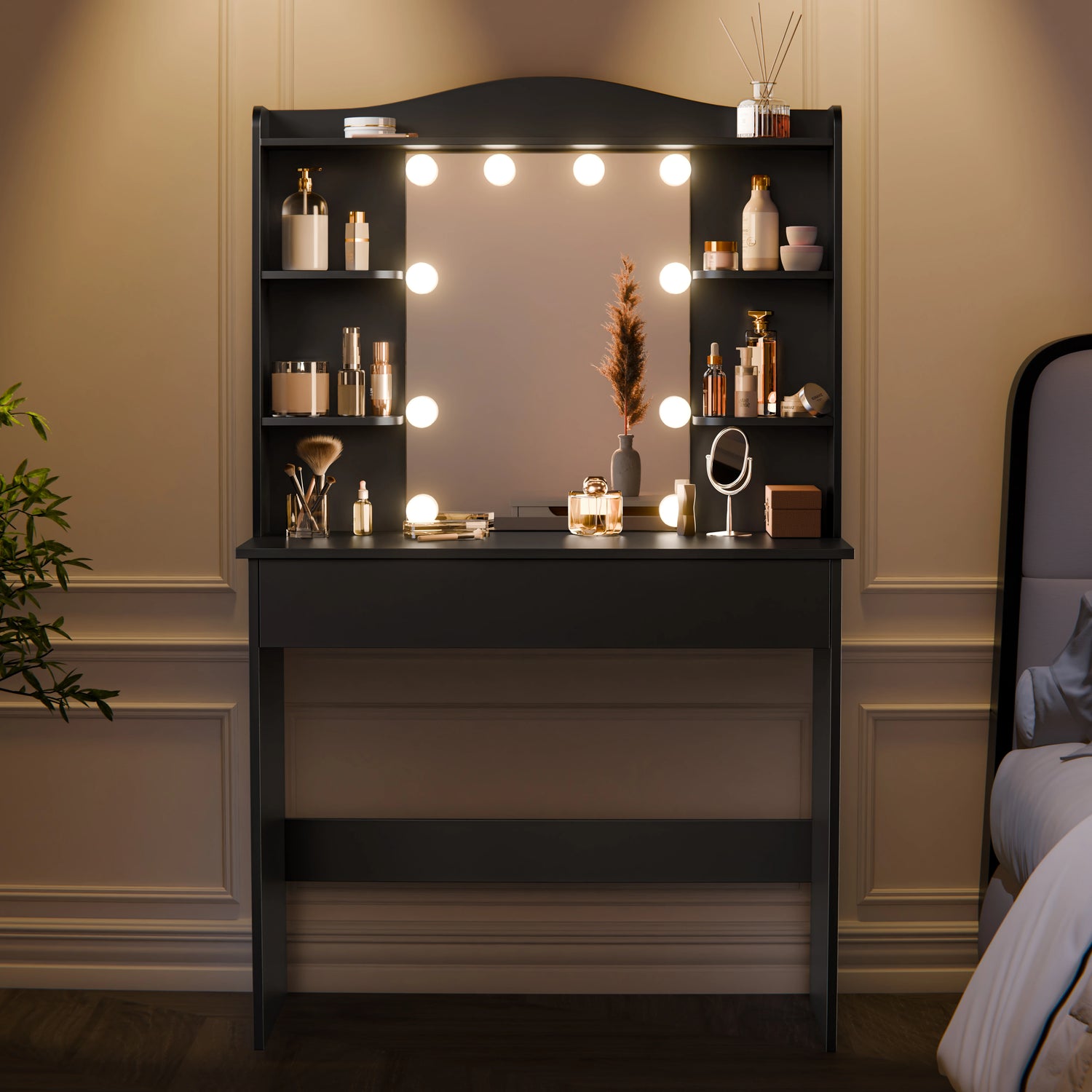 Black dressing table with mirror and LED lights, featuring 5 side shelves and 1 large drawer, ideal for bedroom vanity setup. Stylish makeup vanity desk from DHS.