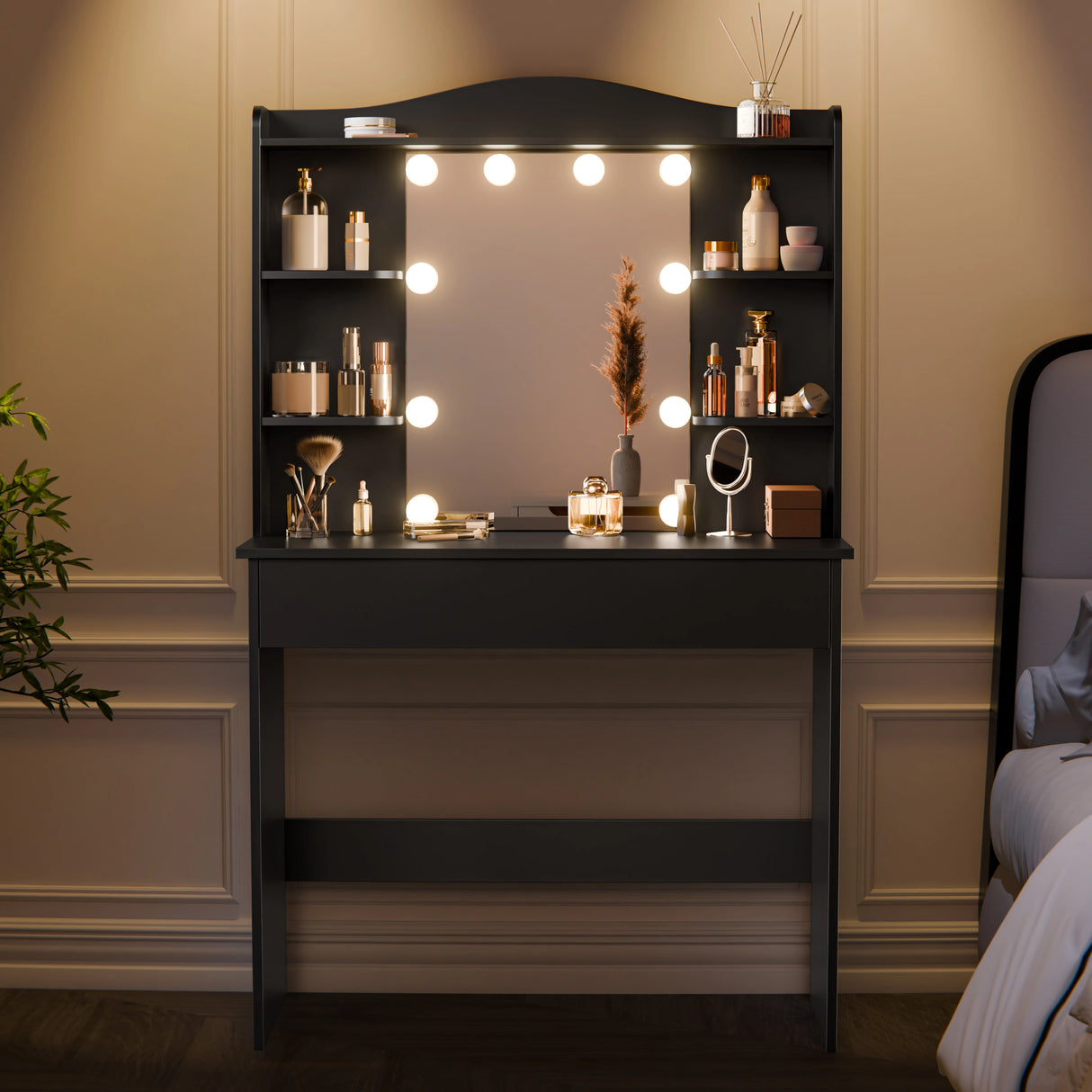 Front view of black dressing table with mirror and LED lights in a contemporary bedroom with wooden flooring