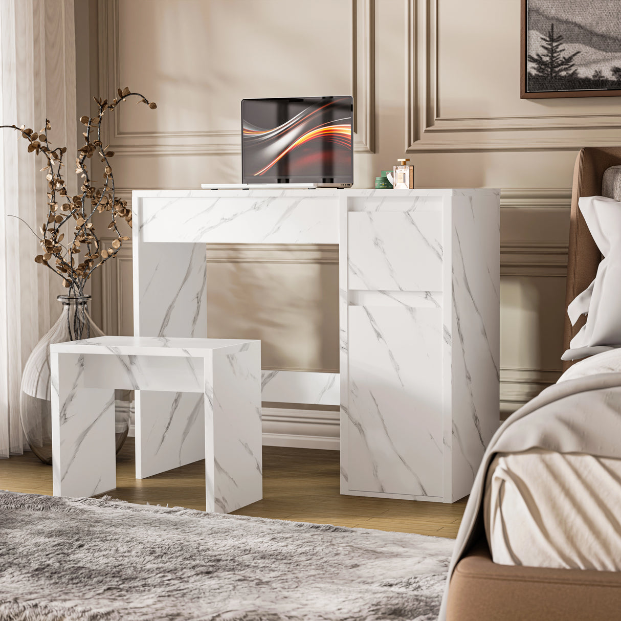 Modern white marble-effect makeup dressing table with flip-up mirror, storage drawers, and matching stool in a stylish bedroom setting.
