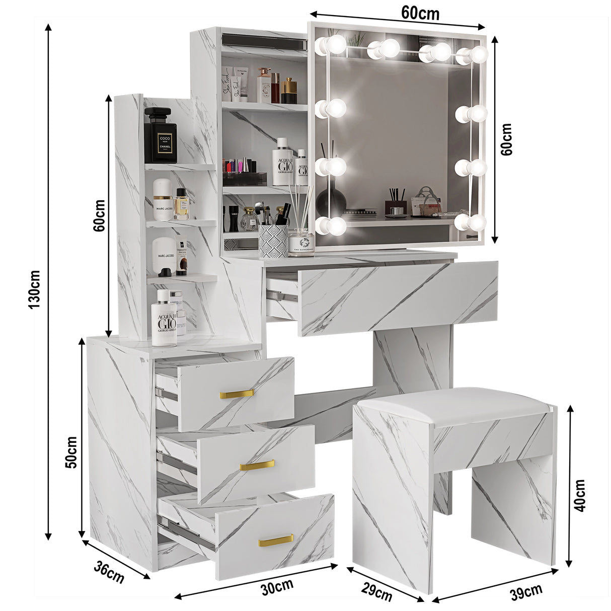 White vanity table with mirror and lights, including dimensions on a white background
