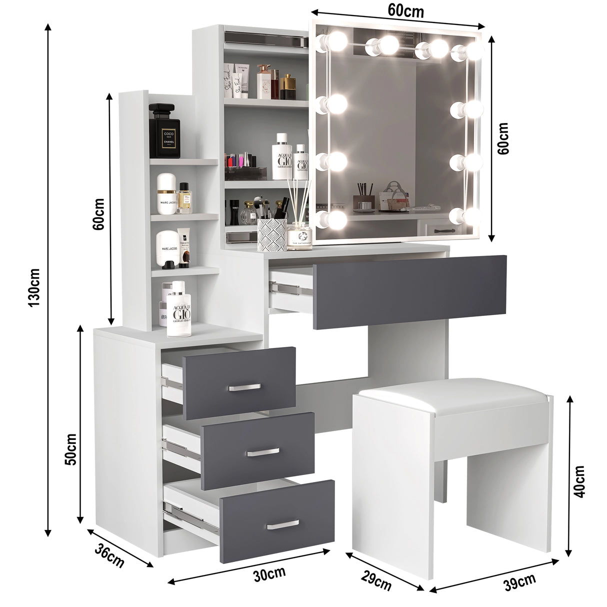 Dimensions of white and grey dressing table with mirror, lights, and stool: 90 cm length, 36 cm width and 130 cm height