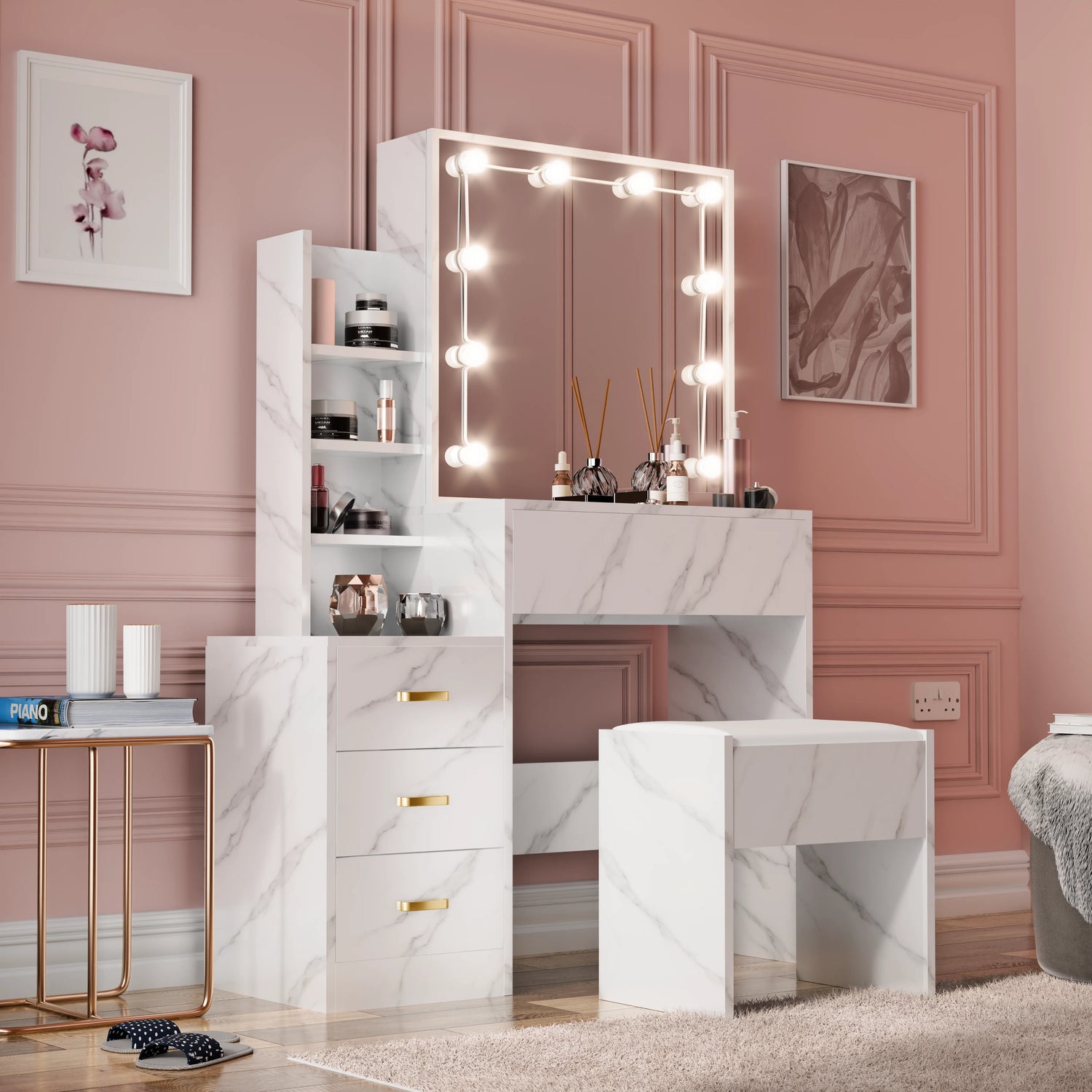 Marble-style vanity with mirror and shelves in a room with pink walls.