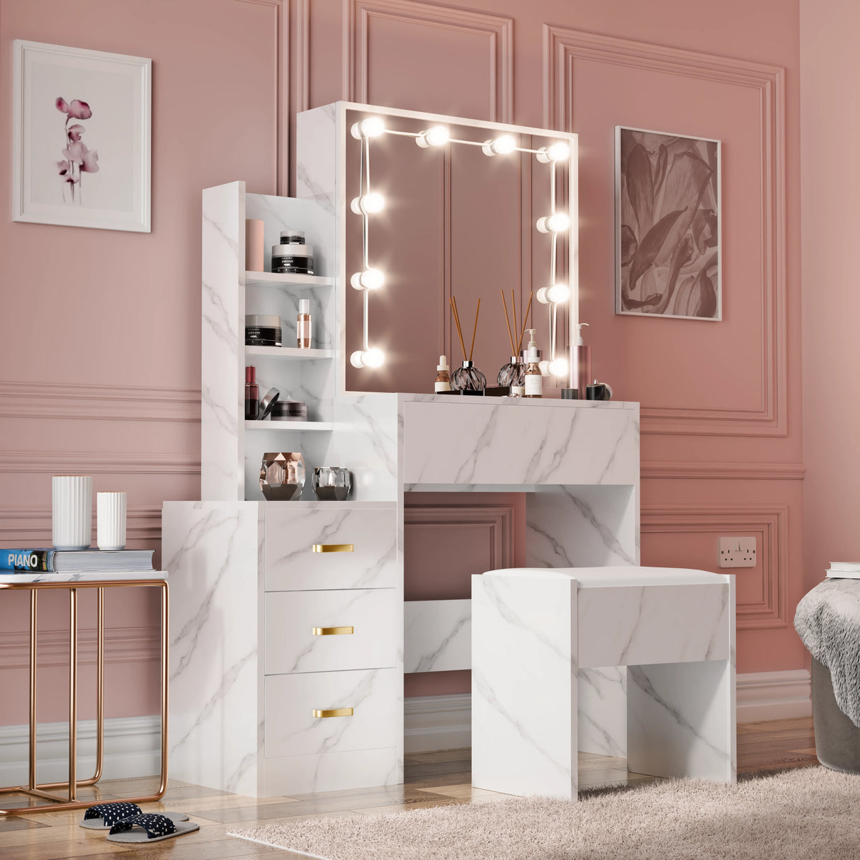 Angled view of marble-style vanity with mirror, shelves, and LED lights set against pink walls in a room