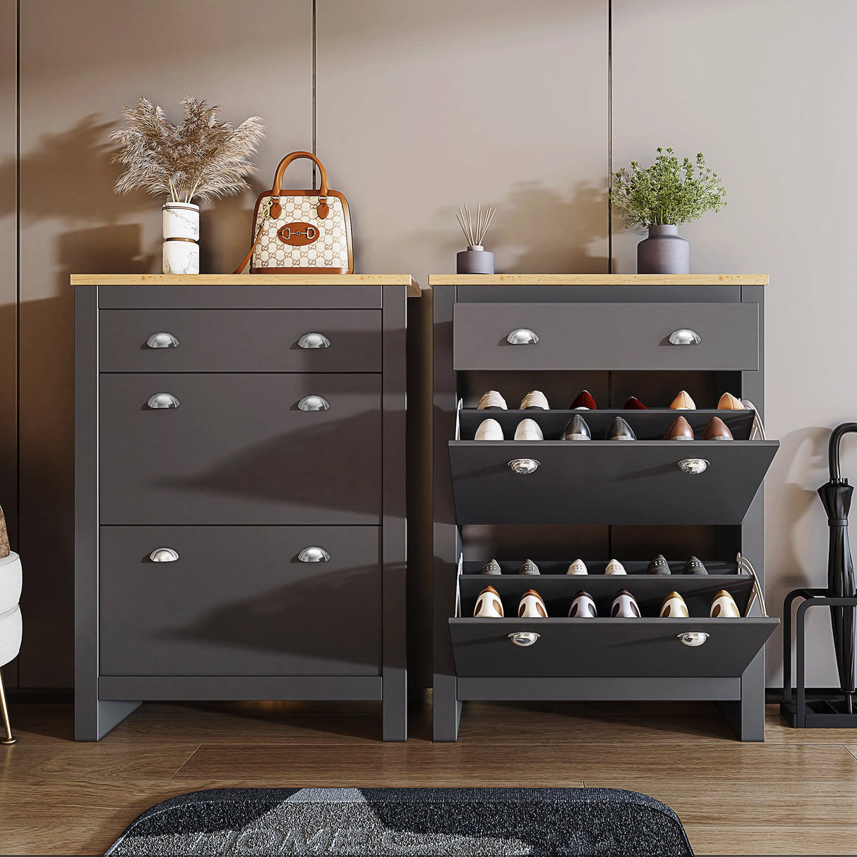 shoe rack cabinet pair in grey with oak tops, one open showing shoes and wellies, bag and decor resting on closed unit
