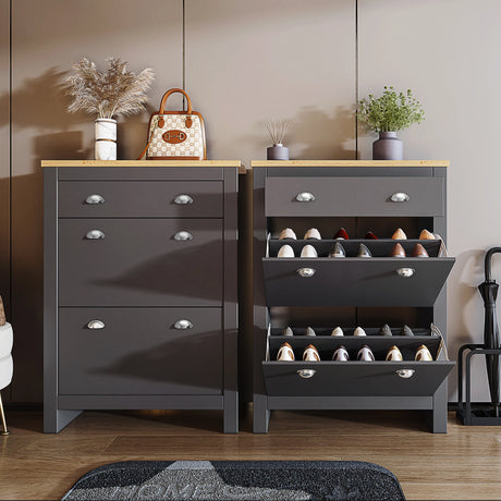shoe rack cabinet pair in grey with oak tops, one open showing shoes and wellies, bag and decor resting on closed unit