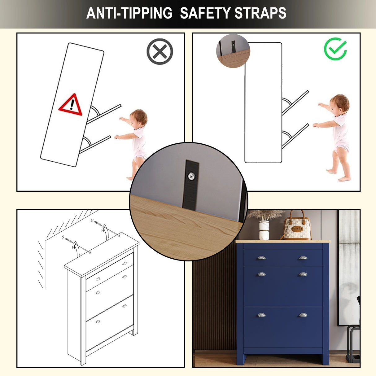 slim shoe cabinet diagram in blue oak finish highlighting anti‑tipping hardware for child‑safe hallway installation