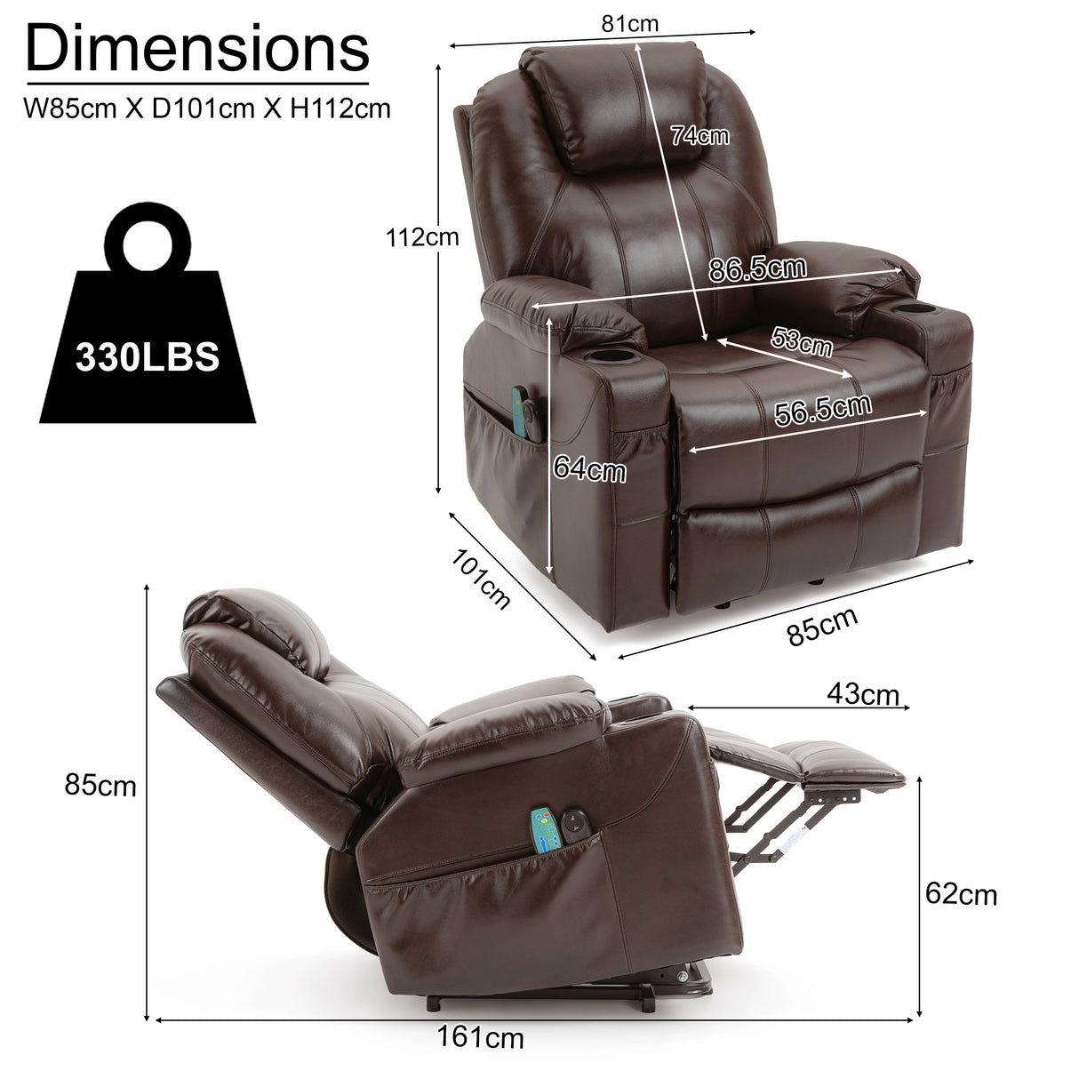 Brown recliner chair with dimensions and weight capacity on a white background