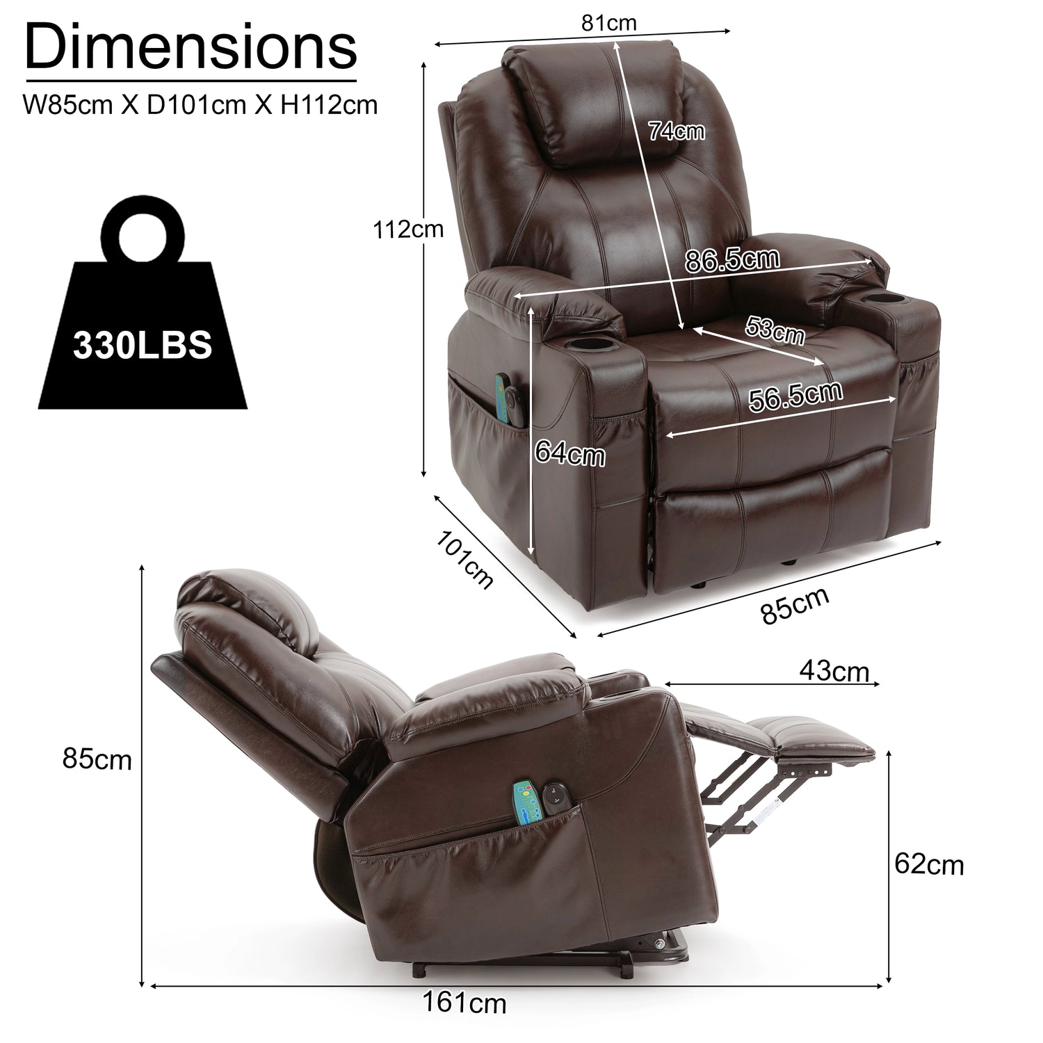 Brown recliner chair with dimensions and weight capacity on a white background