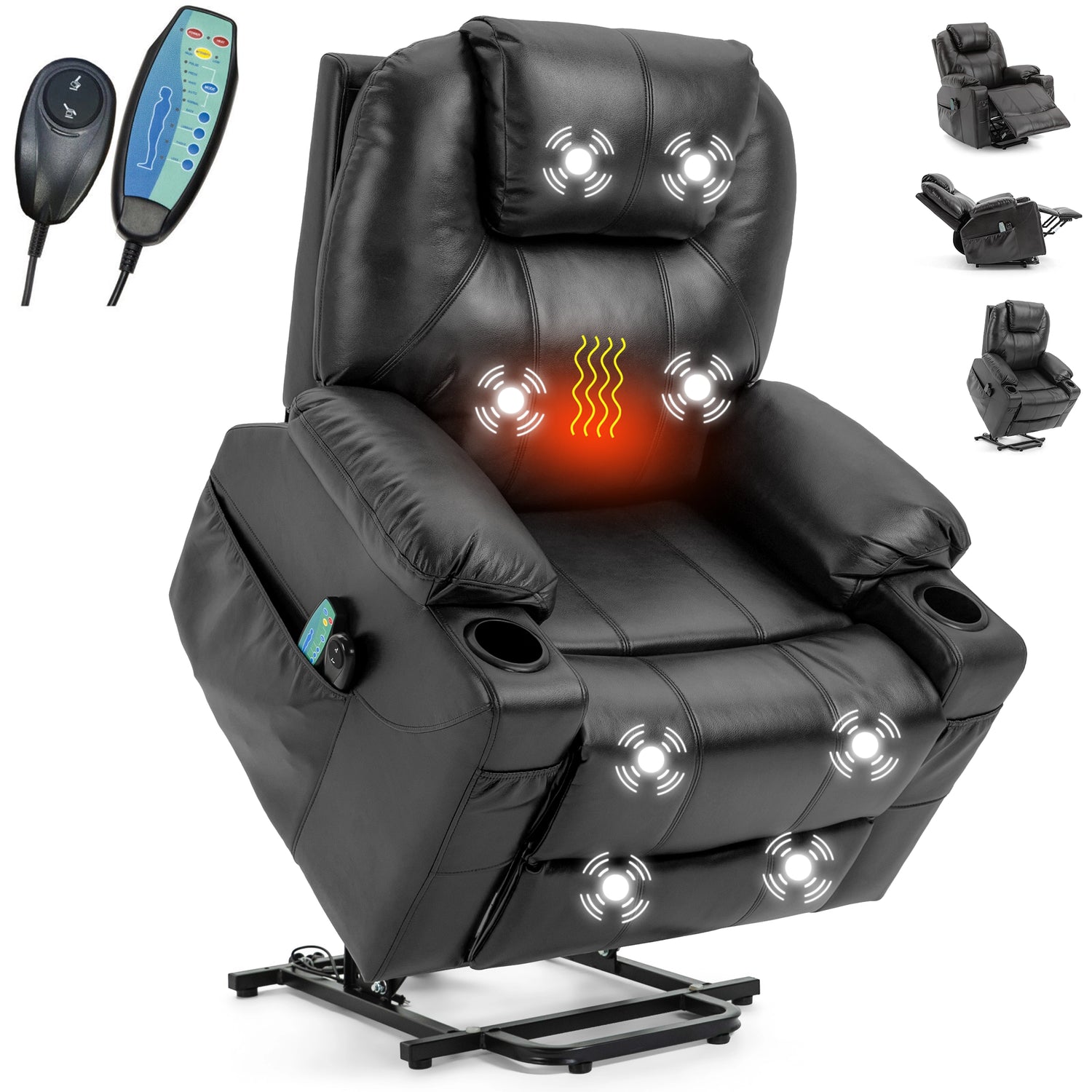 Black massage chair with heating and massaging lights, remote controls on a white background