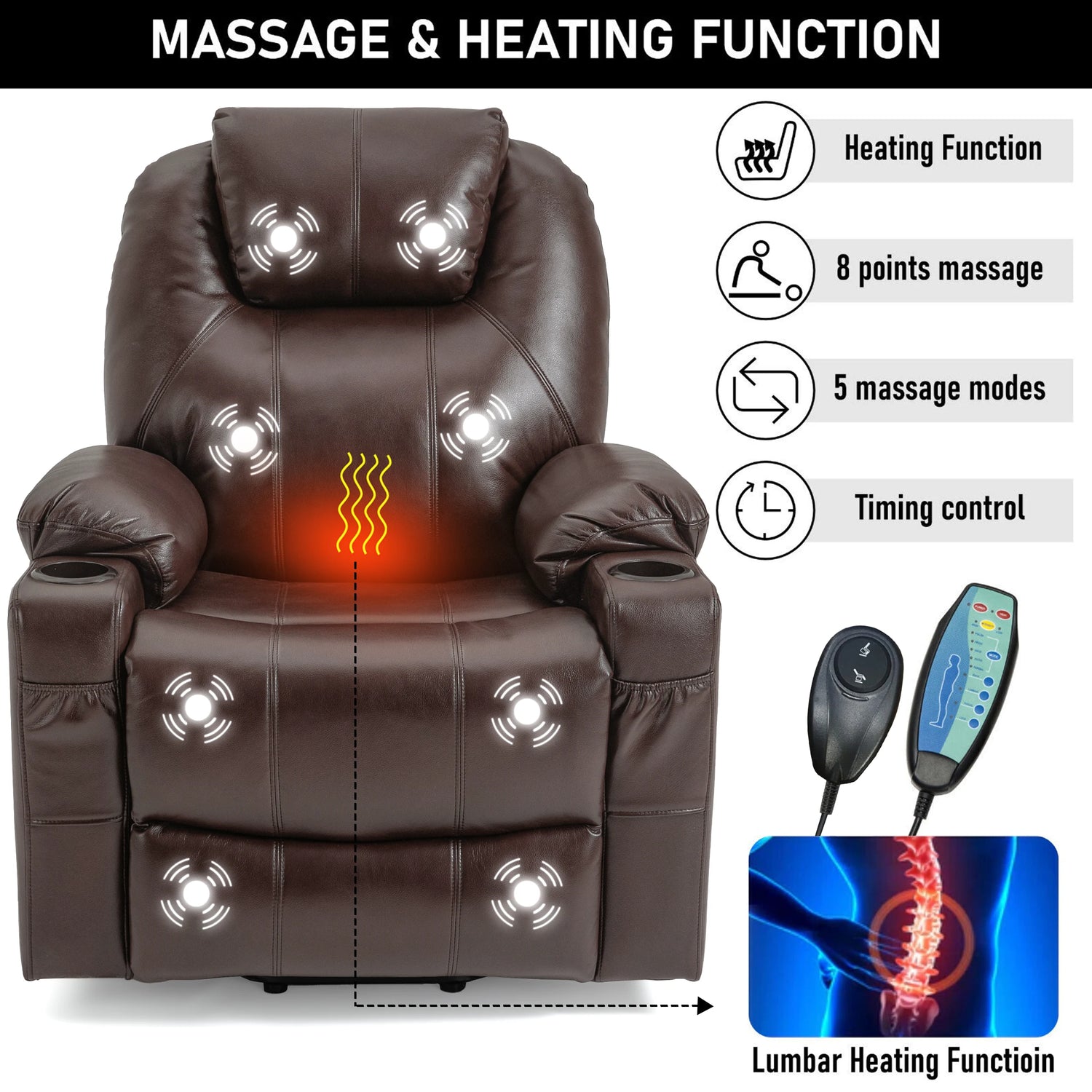 Massage and heating function recliner chair with remote control on a white background