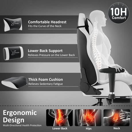 Ergonomic chair with features highlighted on a gray background