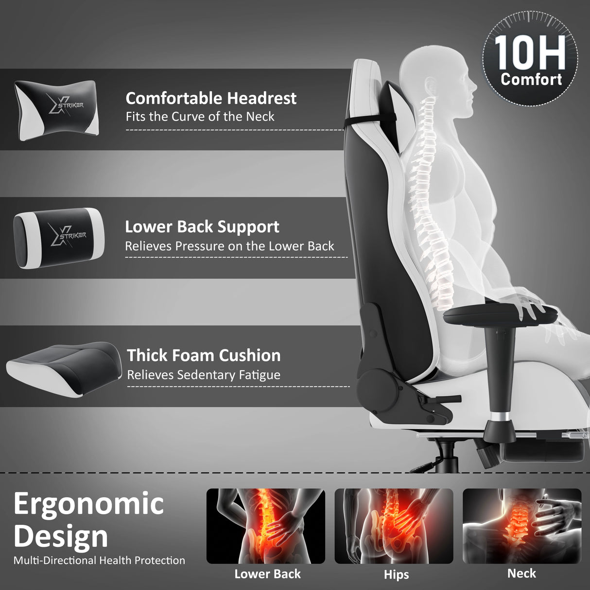 Ergonomic chair with features highlighted on a gray background