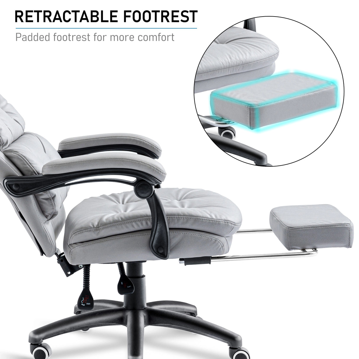 The computer chair shown reclined with footrest out and adaptive armrests moved back for lounging comfort.