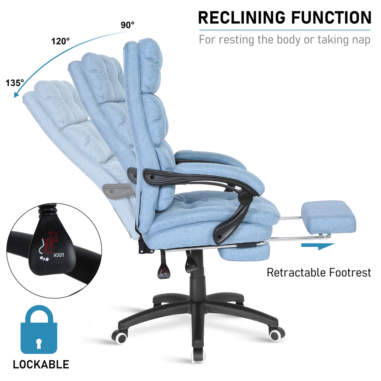 Light blue linen reclining chair tilted back with footrest extended and armrests moved back.