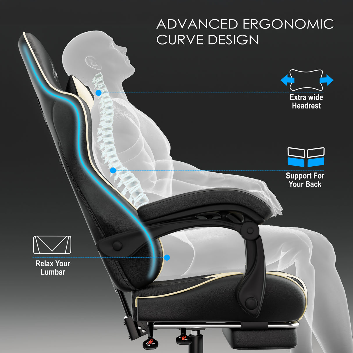 Xstriker reclining gaming chair features advanced ergonomic curve design with extra wide headrest, lumbar support, and back support for posture comfort.