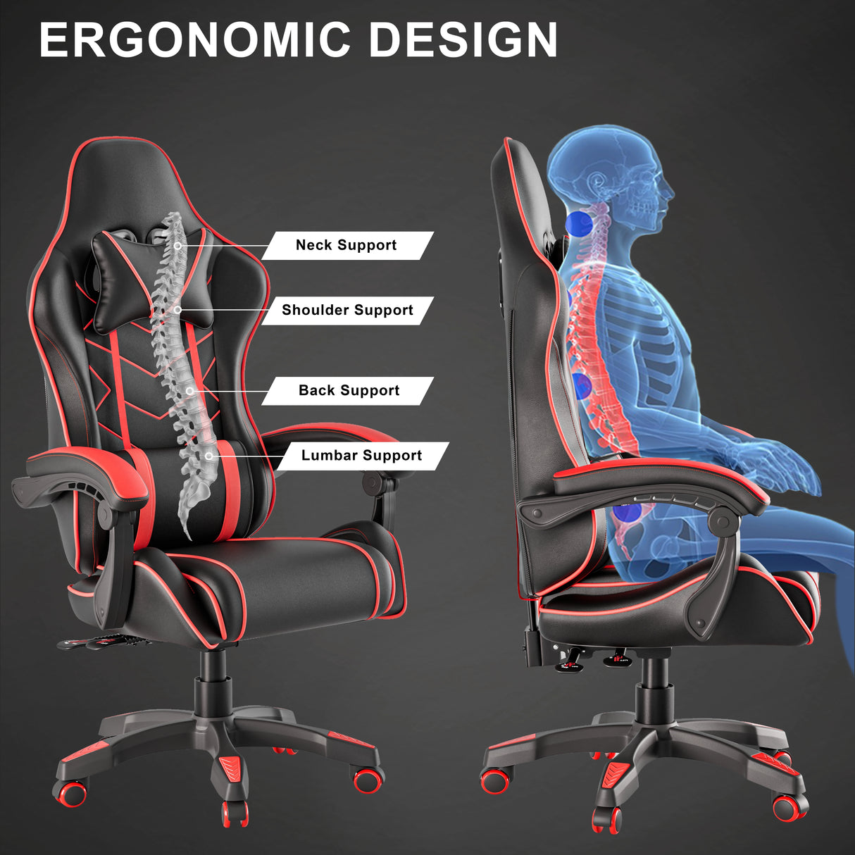 Ergonomic Gaming Chair With Lumbar Support and Padded Armrest | DHS featuring neck, shoulder, back, and lumbar support for posture alignment.