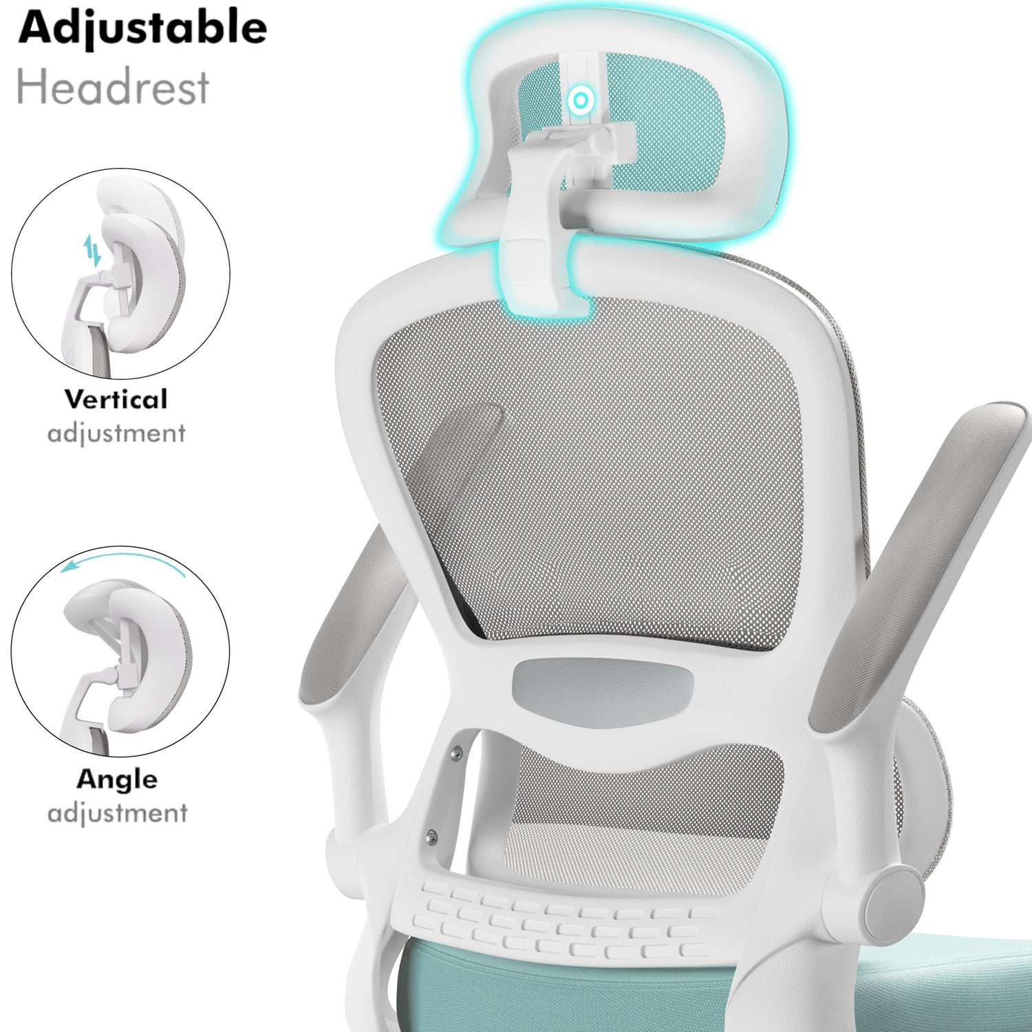 Adjustable headrest desk chair UK style, offering superb lumbar support in Tiffany Blue and grey.